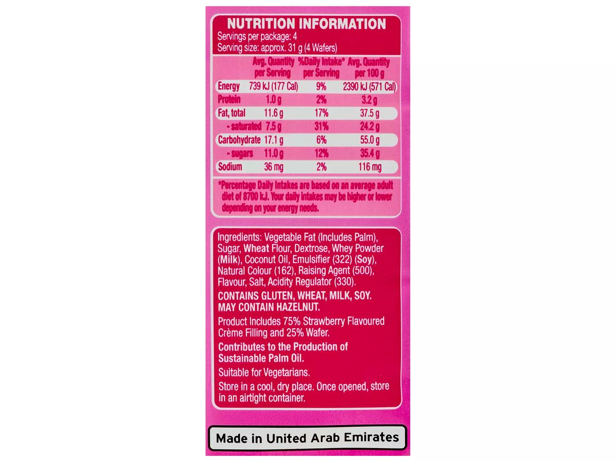 Pack photograph of BELMONT BISCUIT CO. Crème Wafers Strawberry 125g showing the printed nutrition panel