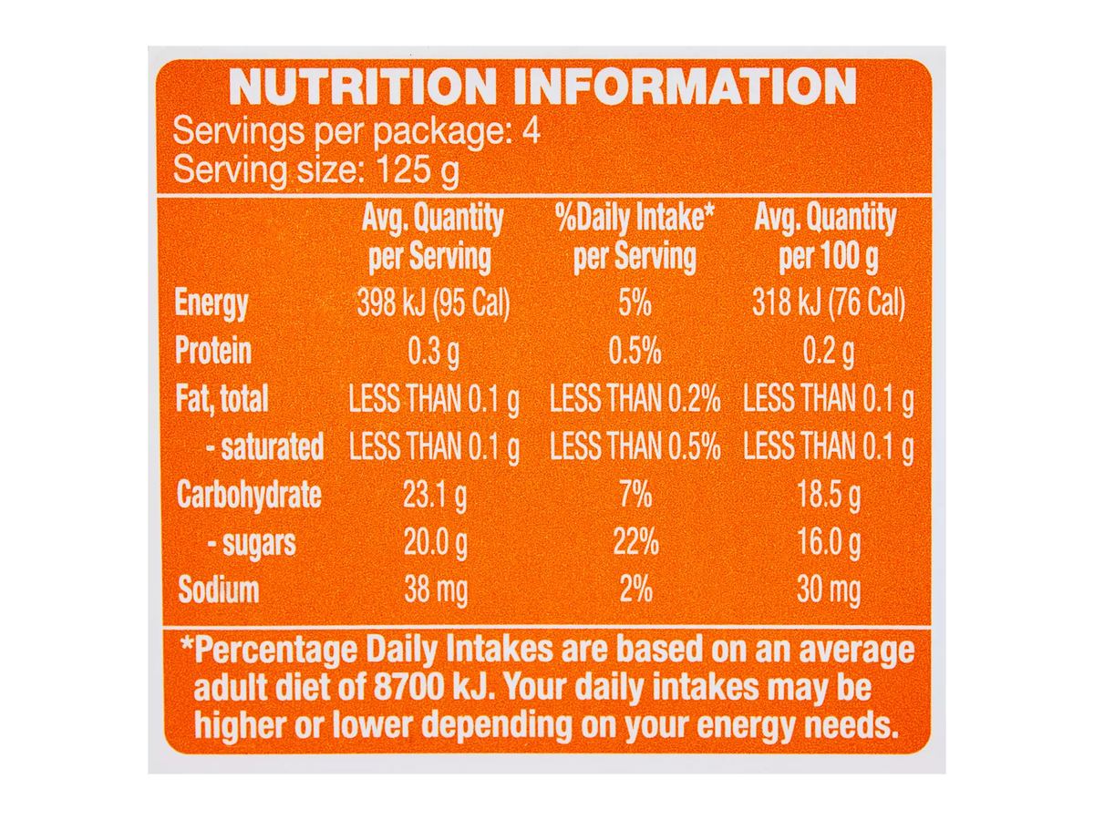 Pack photograph of SWEET VALLEY Peach in Mango Jelly 4 Pack 125g showing the printed nutrition panel