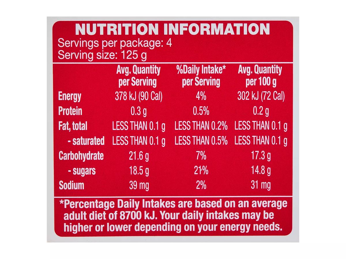 Pack photograph of SWEET VALLEY Two Fruits in Strawberry Jelly 4 Pack 125g showing the printed nutrition panel