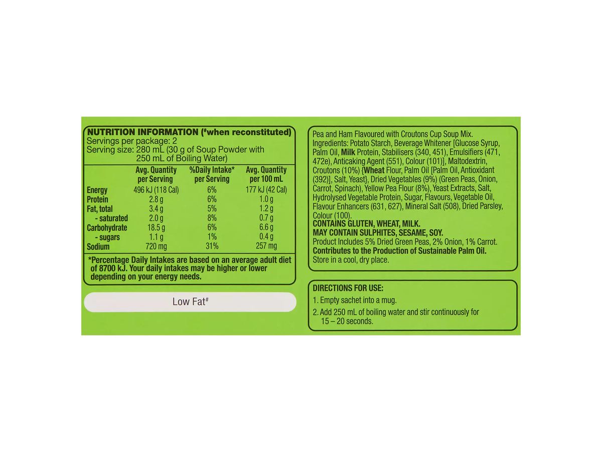 Pack photograph of THE SOUP CO. Pea & Ham Flavoured with Croutons Soup in a Cup 2 Pack 60g showing the printed nutrition panel