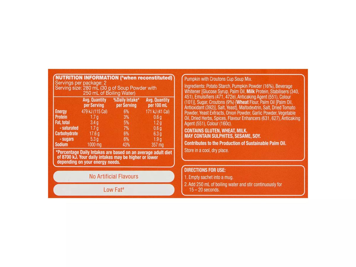 Pack photograph of THE SOUP CO. Homestyle Pumpkin with Croutons Soup in a Cup 2 Pack 60g showing the printed nutrition panel