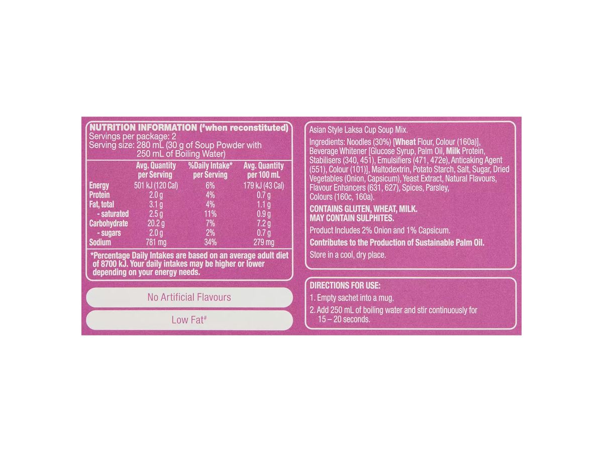 Pack photograph of THE SOUP CO. Asian Style Laksa with Noodles Soup in a Cup 2 Pack 60g showing the printed nutrition panel