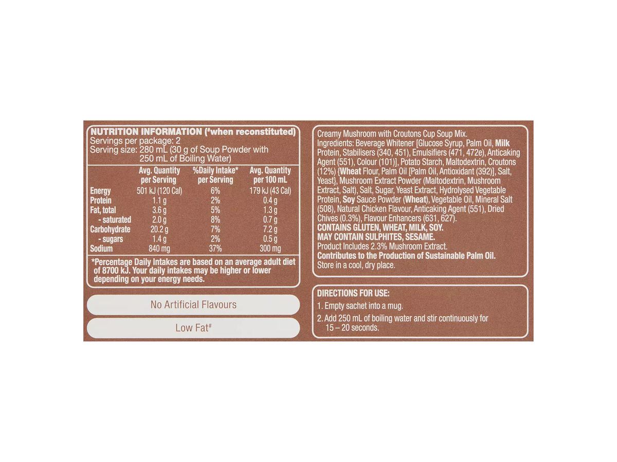 Pack photograph of THE SOUP CO. Creamy Mushroom with Croutons Soup in a Cup 2 Pack 60g showing the printed nutrition panel