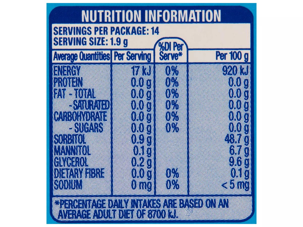 Pack photograph of WRIGLEY'S Peppermint Sugar Free Gum 27g showing the printed nutrition panel