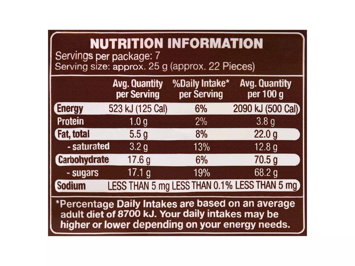 Pack photograph of DAIRYFINE Chocolate Munchers 180g showing the printed nutrition panel