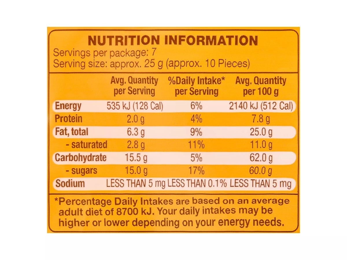 Pack photograph of DAIRYFINE Peanut Munchers 180g showing the printed nutrition panel