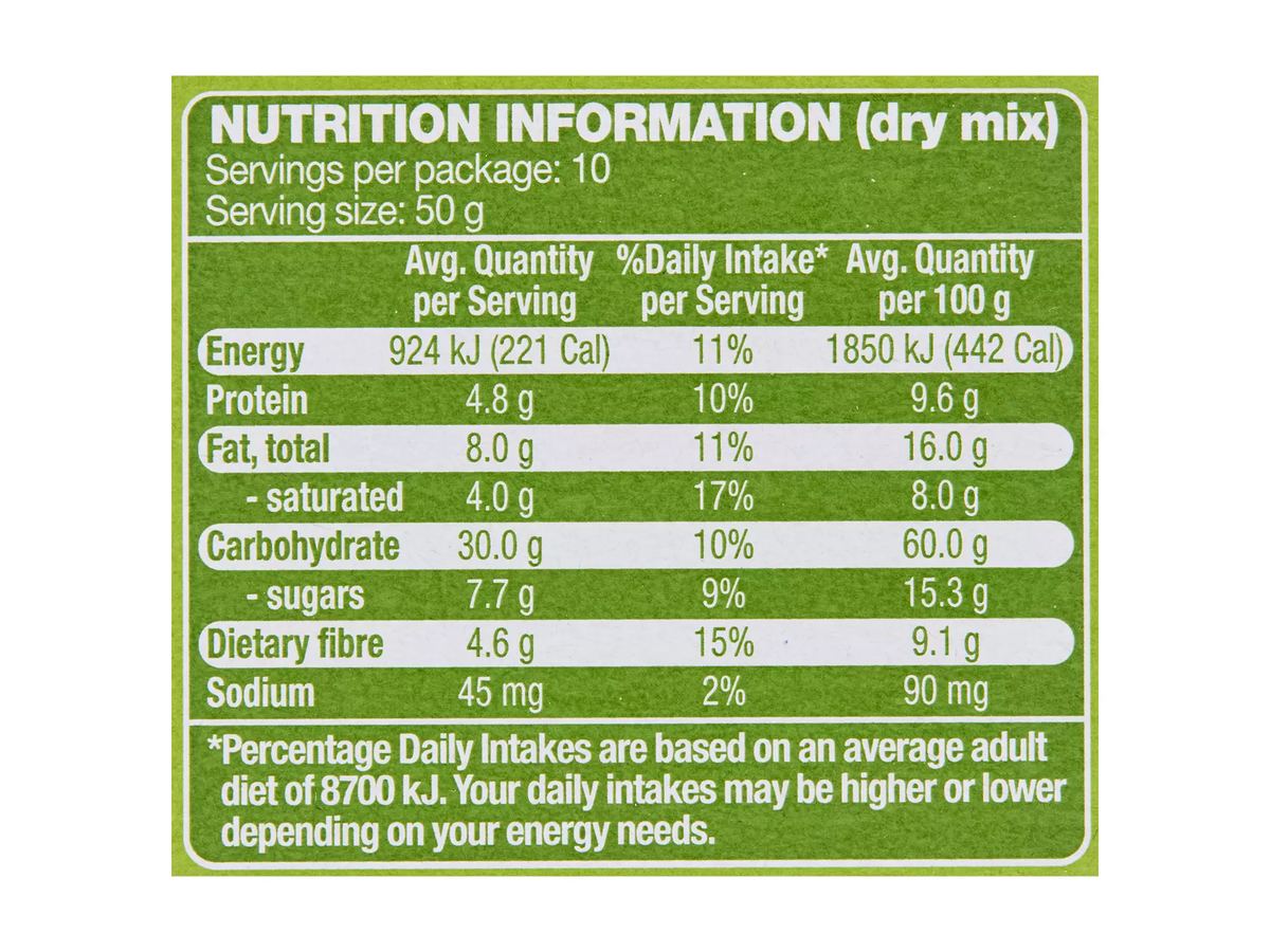 Pack photograph of OH SO NATURAL ORGANIC Coconut Chia Organic Granola 500g showing the printed nutrition panel