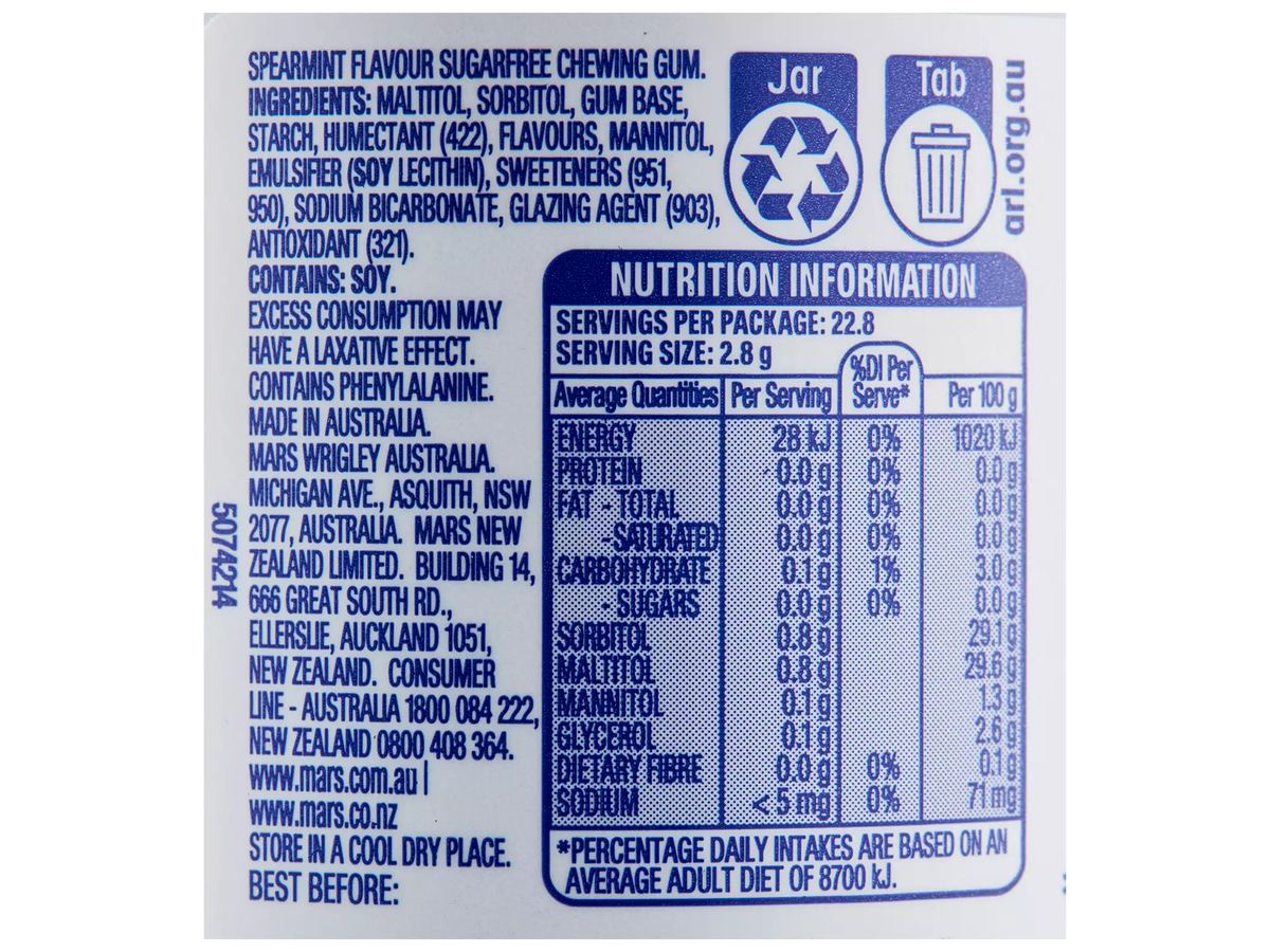 Pack photograph of WRIGLEY'S Spearmint Gum 64g showing the printed nutrition panel