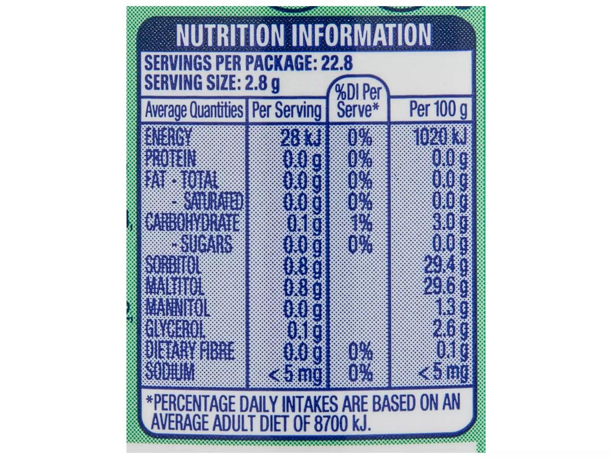Pack photograph of WRIGLEY'S Spearmint Sugar Free Gum 64g showing the printed nutrition panel