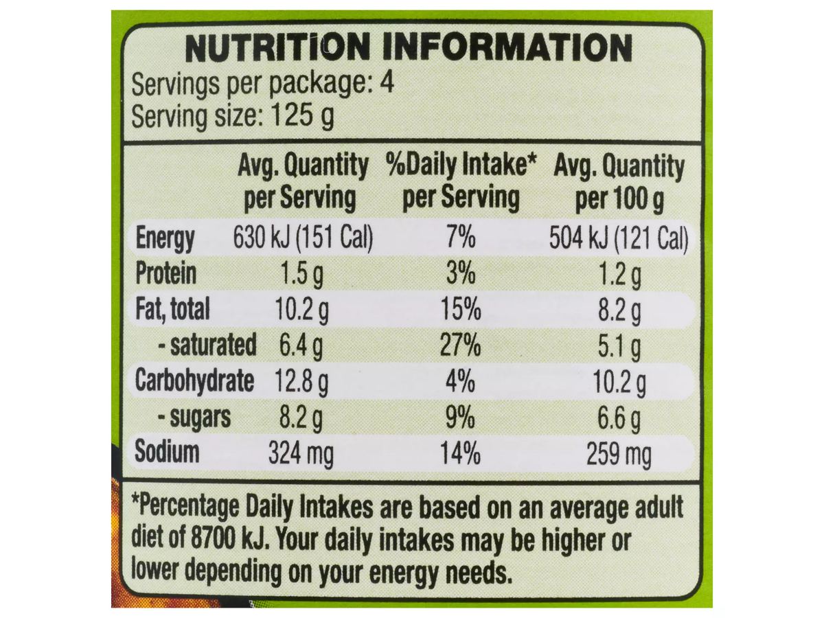 Pack photograph of ASIA GREEN GARDEN Indian Simmer Sauce Korma 500g showing the printed nutrition panel