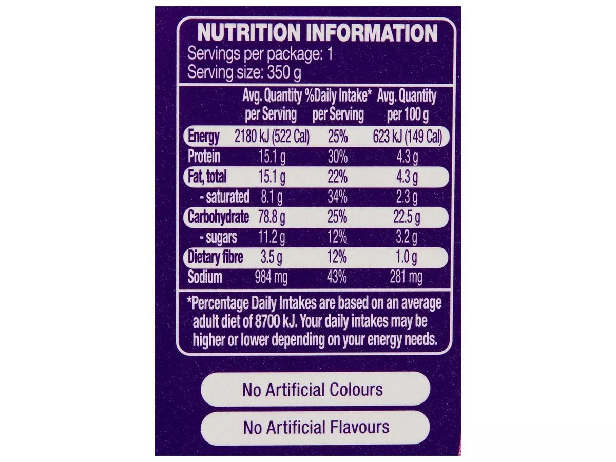 Pack photograph of CORALE Butter Chicken with Rice Meal Kit 350g showing the printed nutrition panel