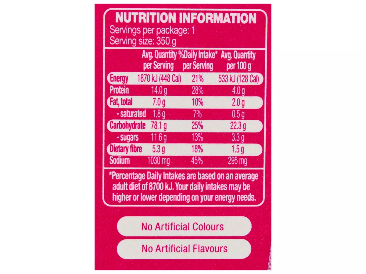 Pack photograph of CORALE Teriyaki Chicken with Rice Meal Kit 350g showing the printed nutrition panel