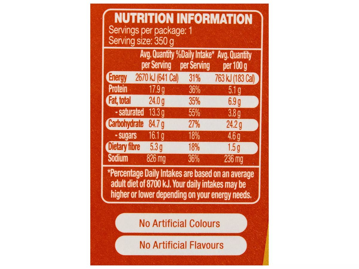 Pack photograph of CORALE Satay Chicken with Rice Meal Kit 350g showing the printed nutrition panel