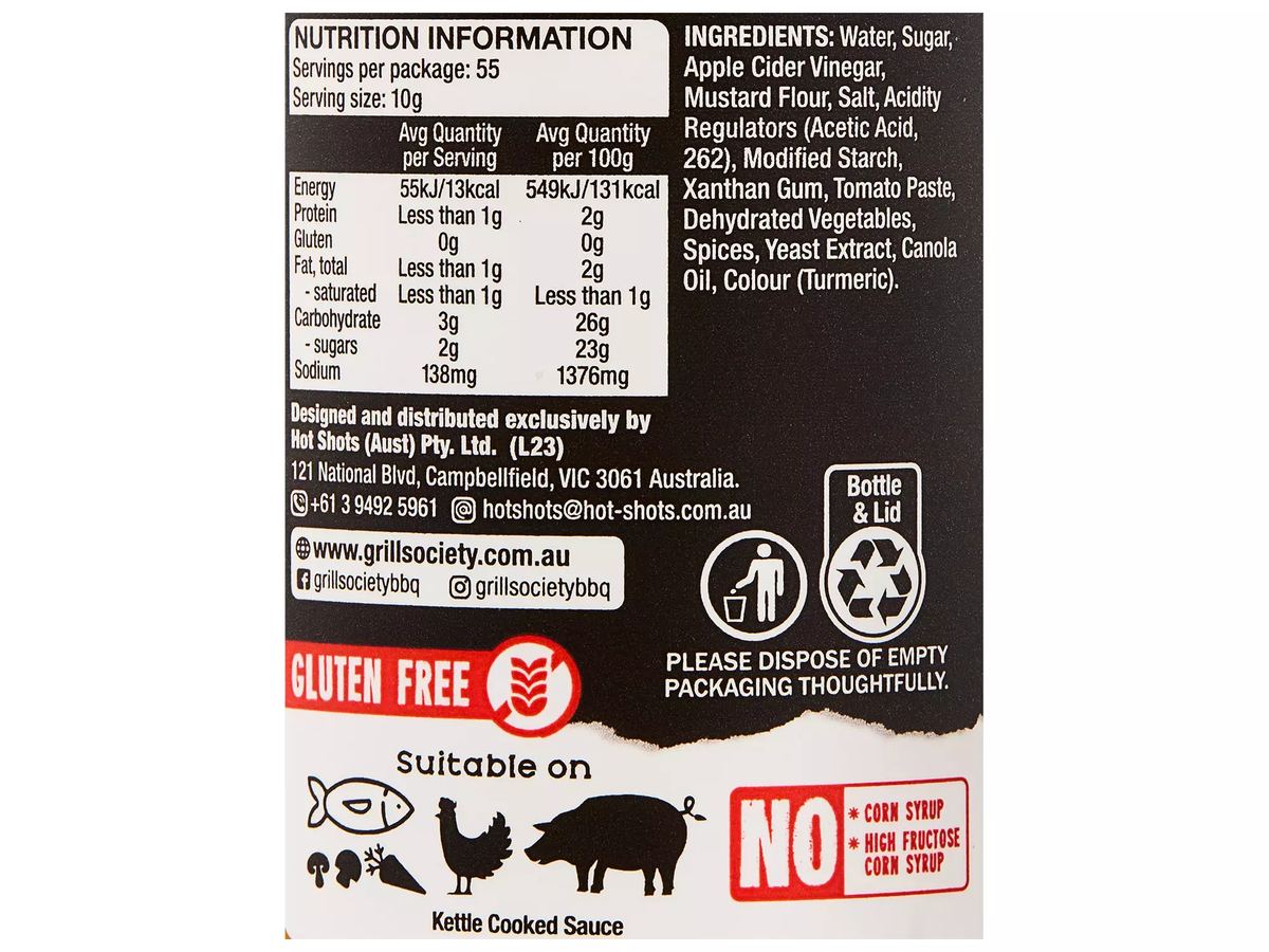 Pack photograph of GRILL SOCIETY QUALITY PRODUCTS BBQ Sauce Carolina Gold 550g showing the printed nutrition panel