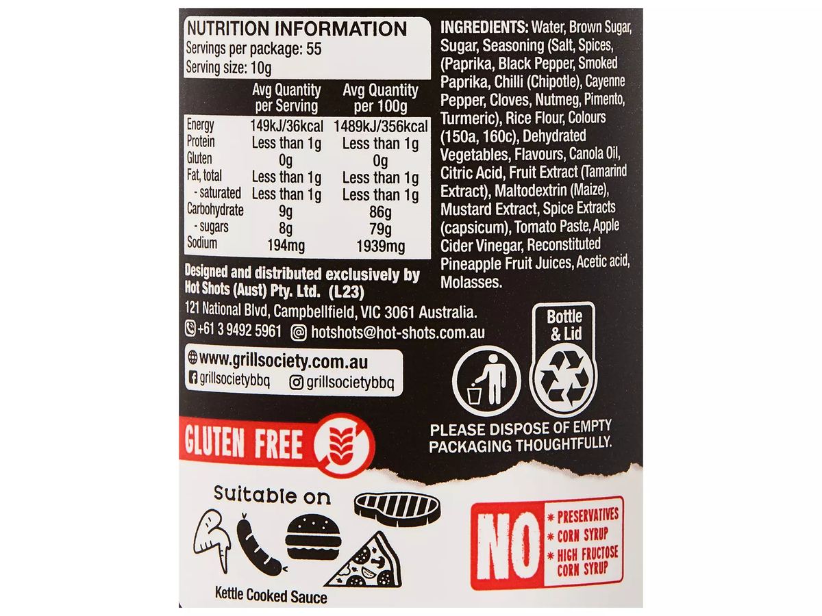 Pack photograph of GRILL SOCIETY QUALITY PRODUCTS BBQ Sauce Signature 550g showing the printed nutrition panel