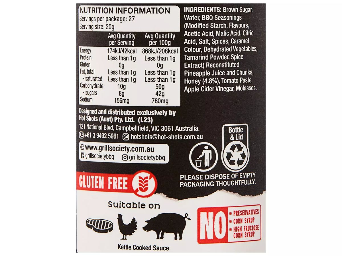 Pack photograph of GRILL SOCIETY QUALITY PRODUCTS Sweet Honey BBQ Sauce 550g showing the printed nutrition panel
