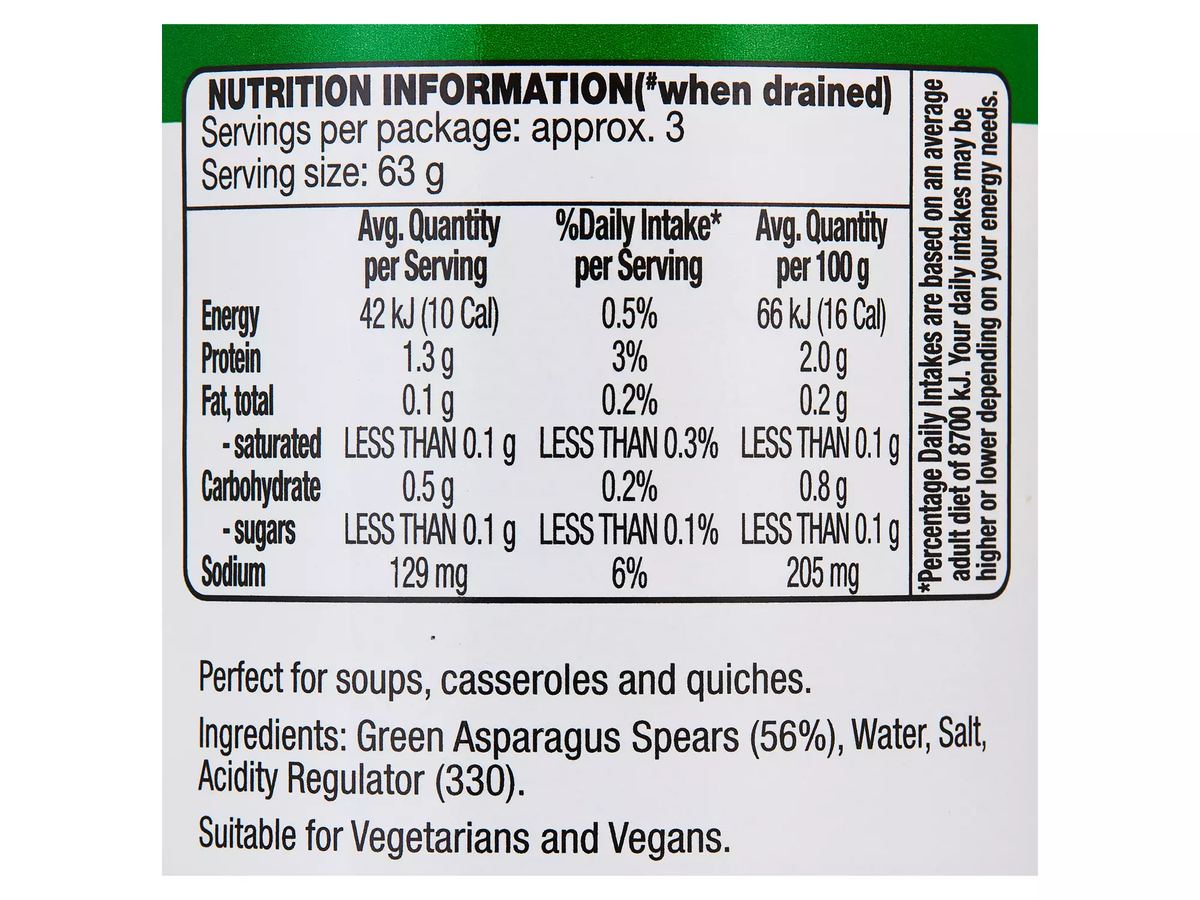 Pack photograph of DELI ORIGINALS Green Asparagus Spears 330g showing the printed nutrition panel