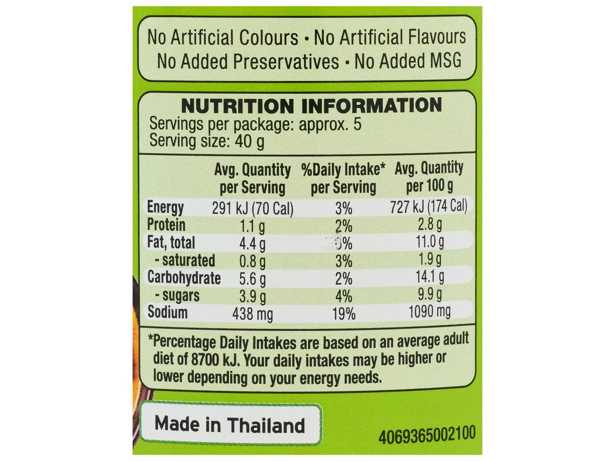 Pack photograph of ASIA GREEN GARDEN Korma Curry Paste 195g showing the printed nutrition panel