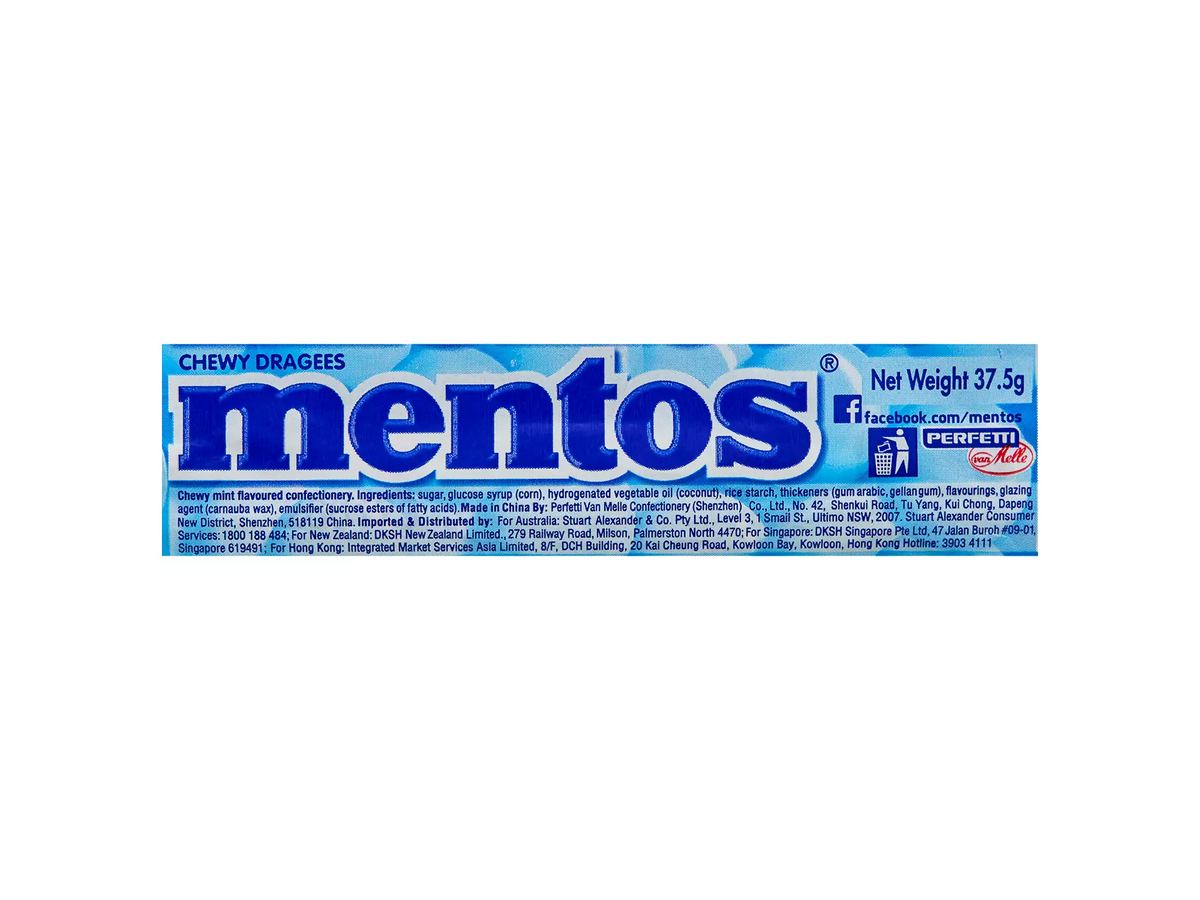 Pack photograph of Mentos Mint Roll 37.5g showing the printed nutrition panel
