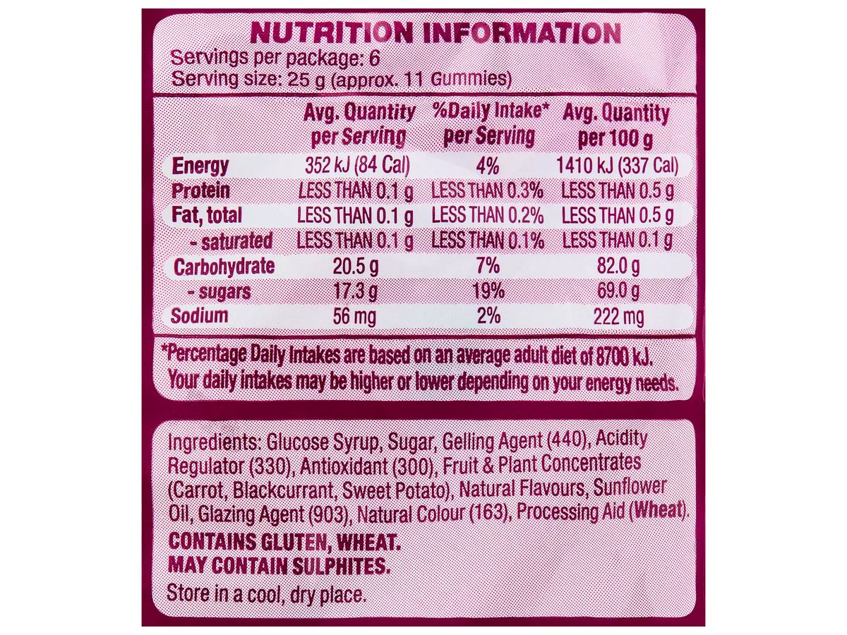 Pack photograph of DOMINION NATURALS Mixed Berry Flavoured Vegan Gummies 150g showing the printed nutrition panel