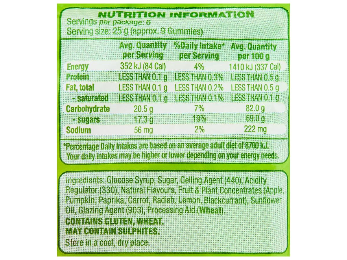 Pack photograph of DOMINION NATURALS Tropical Mix Flavoured Vegan Gummies 150g showing the printed nutrition panel