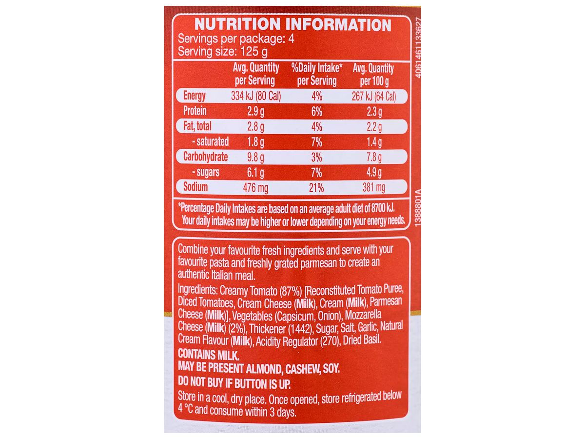 Pack photograph of CUCINA Pasta Bake Creamy Tomato Mozarella Sauce 500g showing the printed nutrition panel