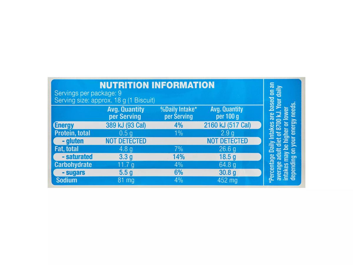 Pack photograph of BELMONT BISCUIT CO. Gluten Free Chocolate Chip Biscuits 160g showing the printed nutrition panel