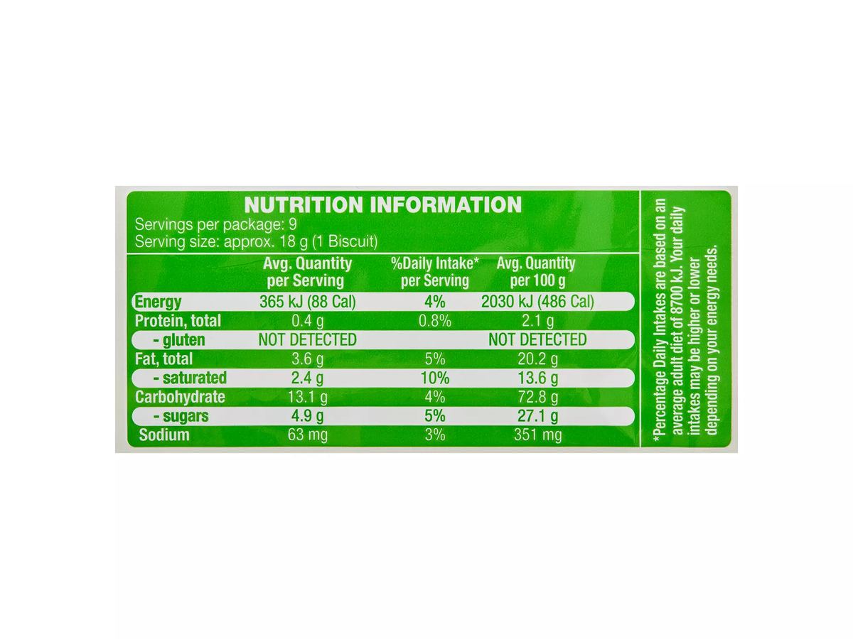 Pack photograph of BELMONT BISCUIT CO. Gluten Free Stem Ginger Biscuits 160g showing the printed nutrition panel