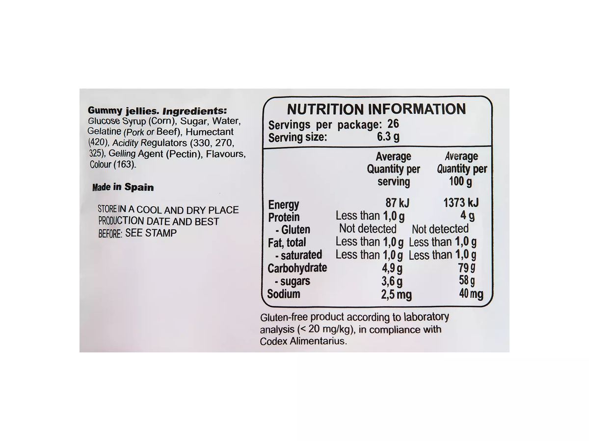 Pack photograph of Fini Jelly Kisses 165g showing the printed nutrition panel