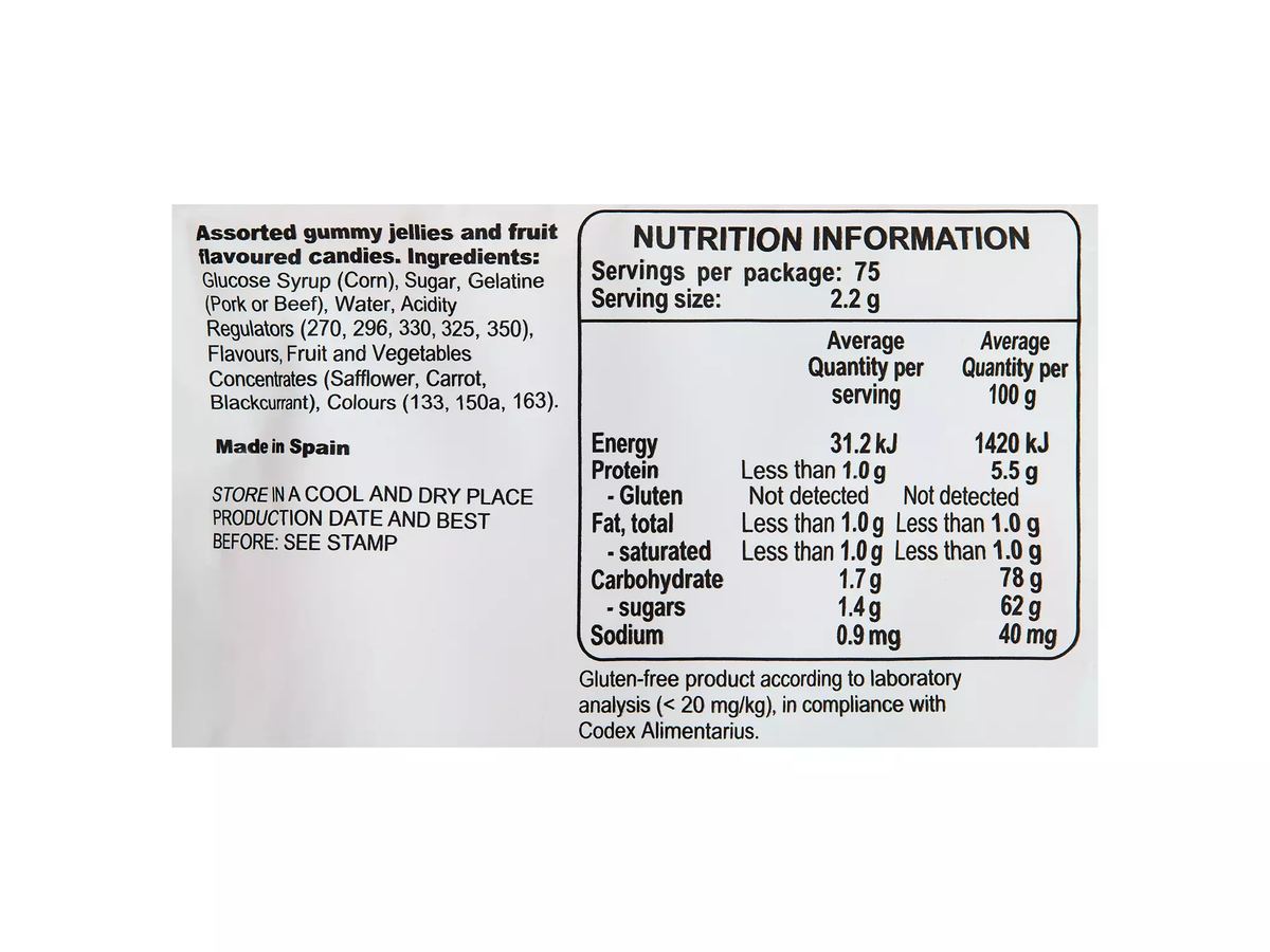 Pack photograph of Fini Sour Little Mix 165g showing the printed nutrition panel