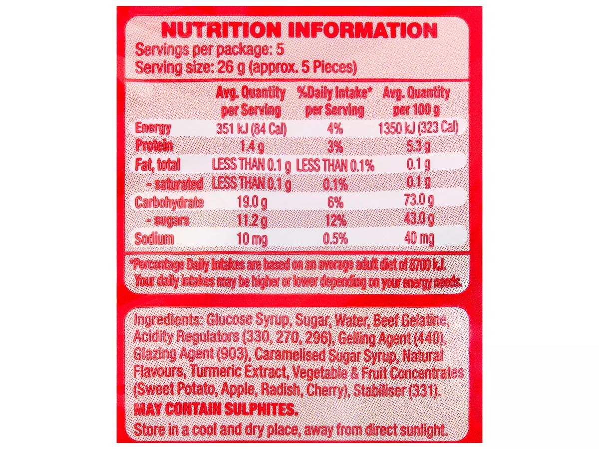 Pack photograph of DOMINION NATURALS Soda Cans Soft Centre Flavoured Gummies 130g showing the printed nutrition panel