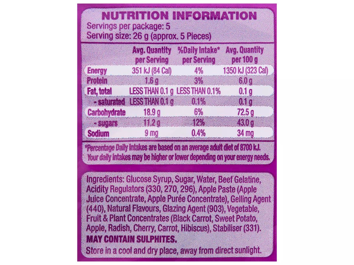 Pack photograph of DOMINION NATURALS Fruity Bursts Soft Centre Flavoured Gummies 130g showing the printed nutrition panel