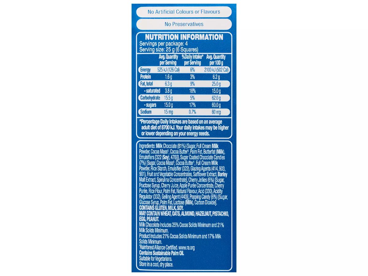 Pack photograph of DAIRY FINE Curious Inventions Rainbow Crunch 100g showing the printed nutrition panel