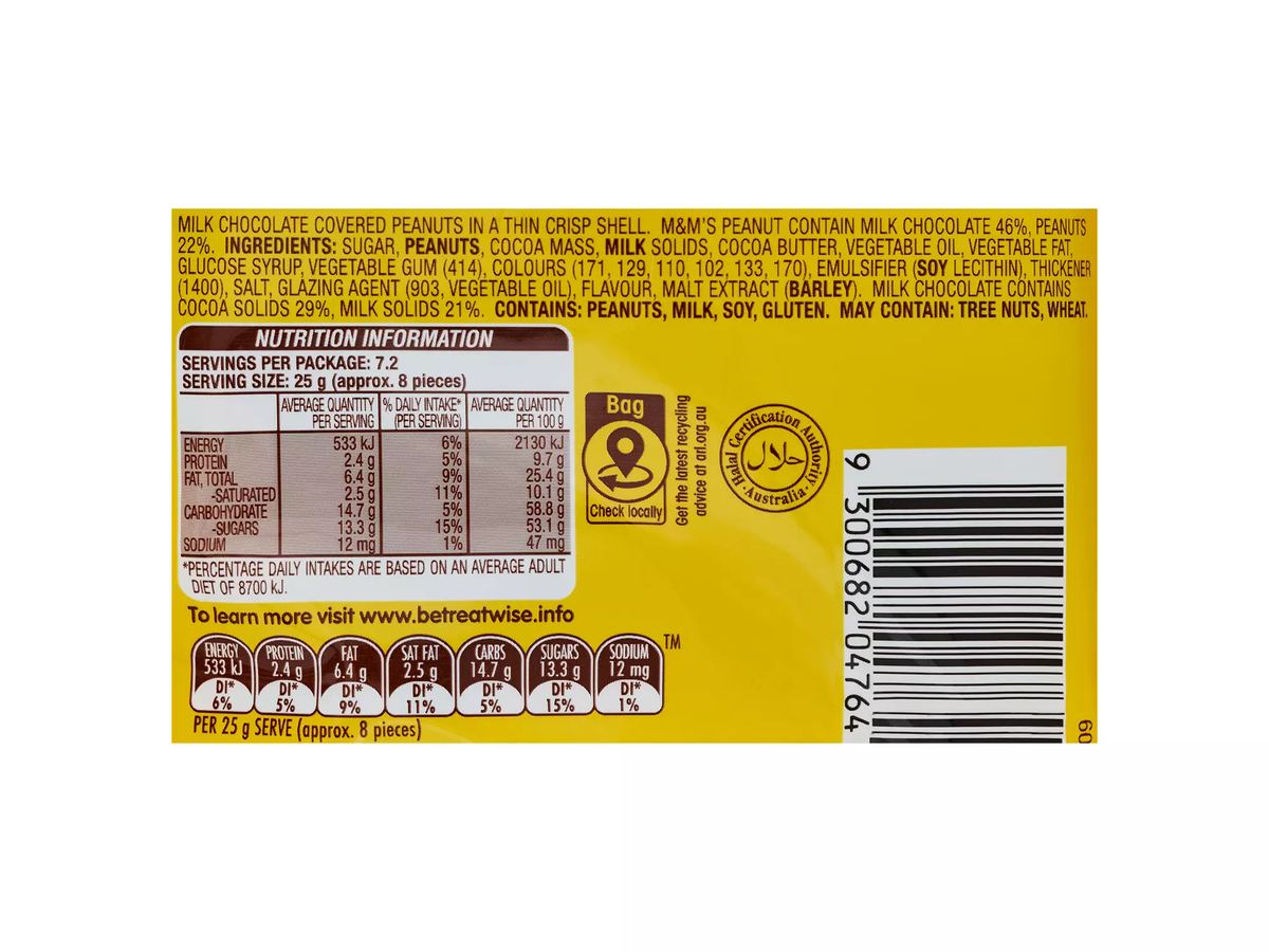 Pack photograph of M&M'S Peanut M&Ms 180g showing the printed nutrition panel