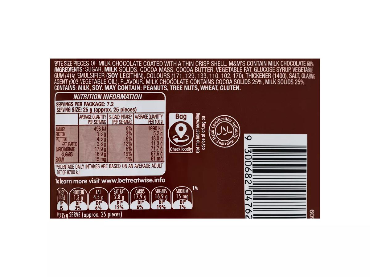 Pack photograph of M&M'S Milk Chocolate M&Ms 180g showing the printed nutrition panel