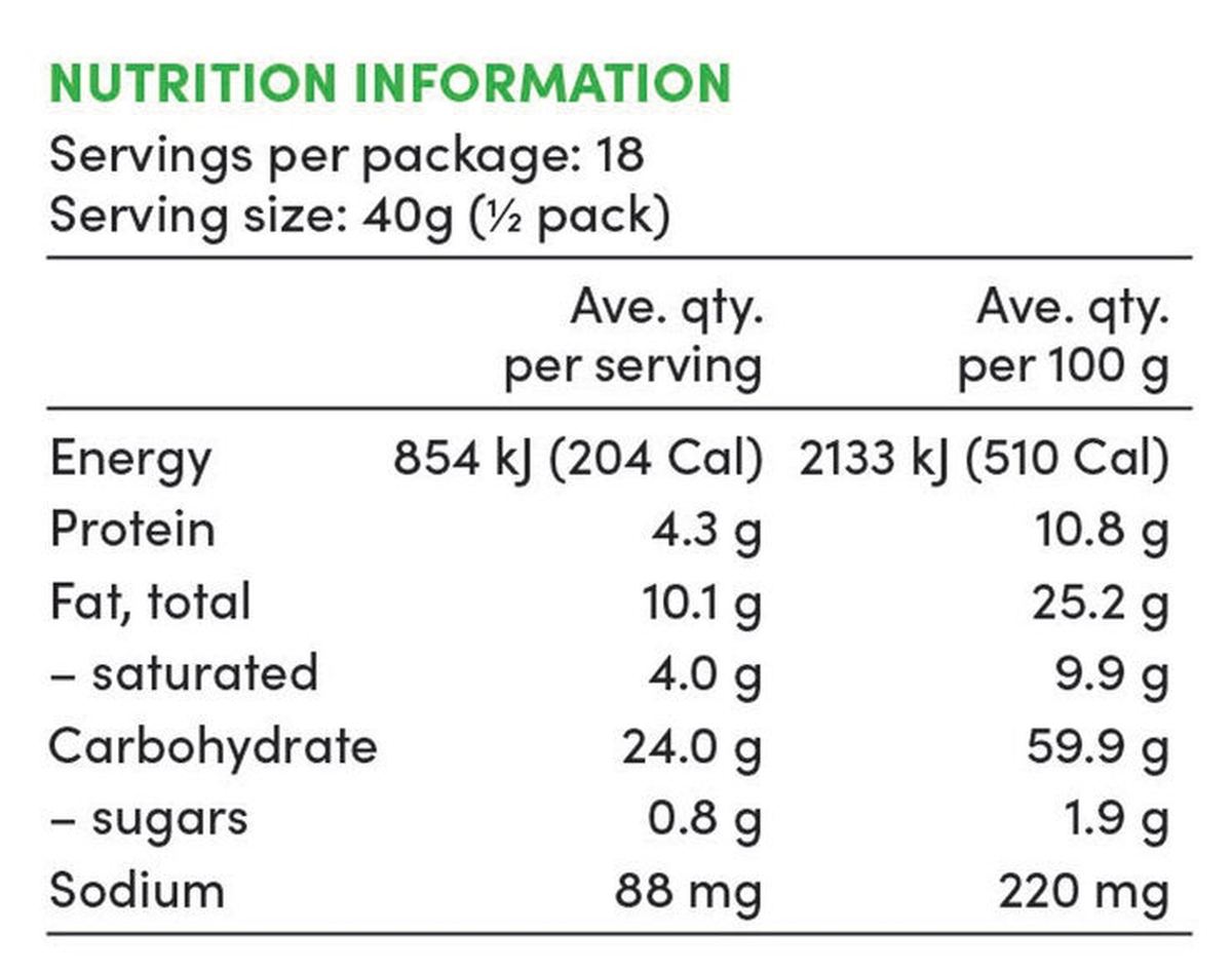 Pack photograph of Tropical Fields Green Onion Crackers 9 x 80g showing the printed nutrition panel