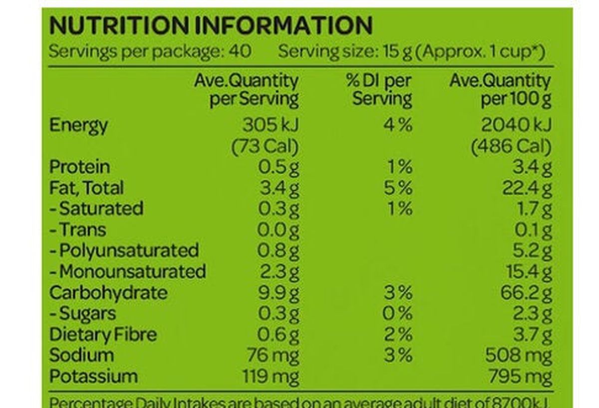 Pack photograph of Majan's Infuzions Veggie Straws 40 x 15g showing the printed nutrition panel